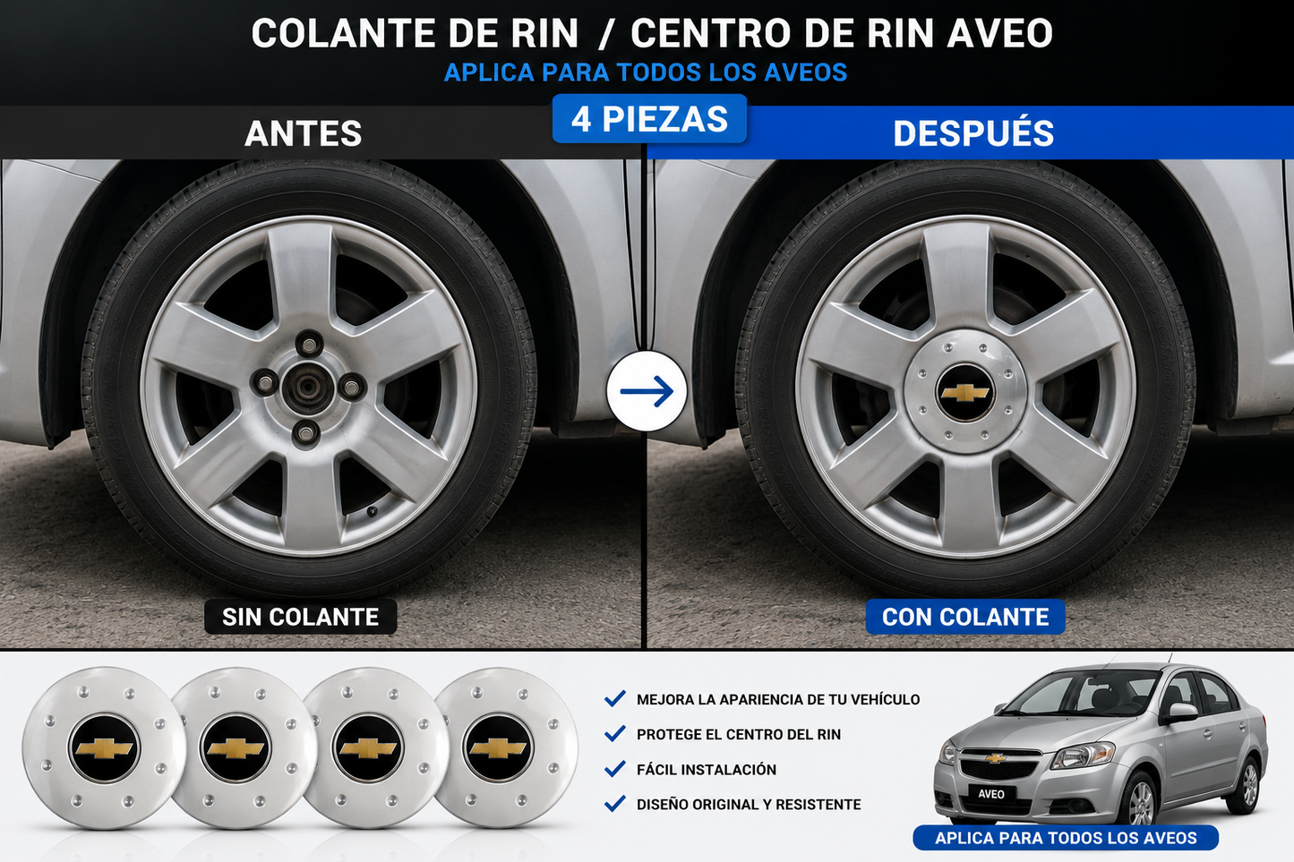COLANTE DE RIN O CENTRO RIN PARA AVEO(4 PIEZAS)